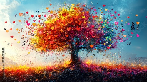 Colorful tree with hearts and musical notes in a vibrant landscape.