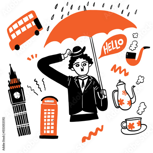 Unique culture vector illustration of the English. A humorous cartoon featuring black and white line characters and a fun theme.