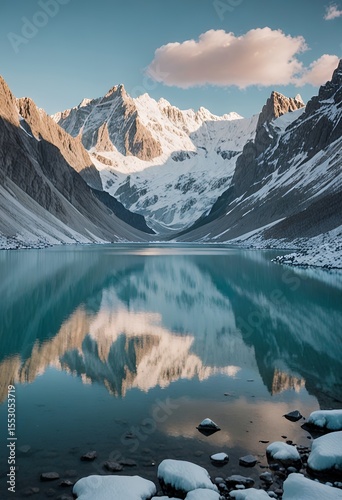 Sunset view over a mountain lake with reflections in a winter landscape