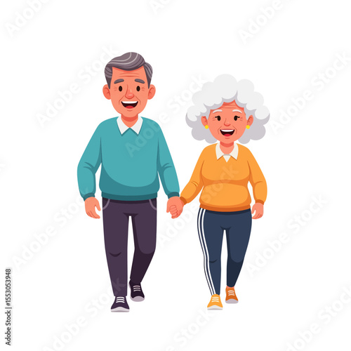 A cheerful elderly couple strolls forward, holding hands and sharing a warm smile. Vector Illustration