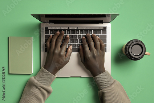 Overhead view hands typing laptop computer, green background workspace, beige sweater notebook coffee mug modern minimalist desk setup productive work from home office flat lay composition.