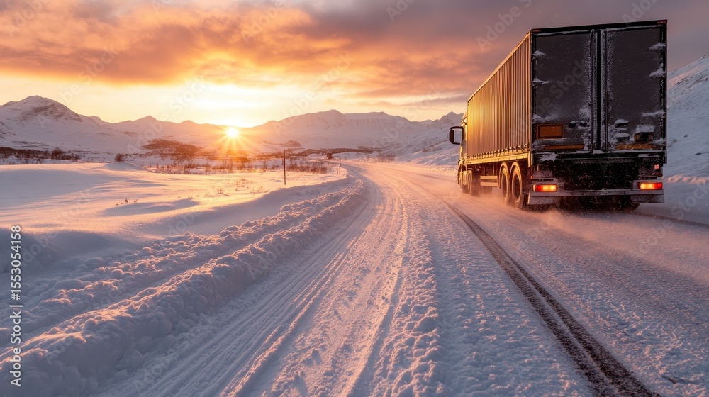 Obraz premium A truck navigates a snowy mountain road at sunset, symbolizing adventure and resilience in the face of harsh winter conditions in a stunning landscape.