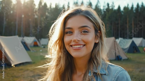 A young Caucasian woman with long blonde hair smiles in a campground surrounded by tents and trees. The scene captures the essence of summer outdoor adventures.