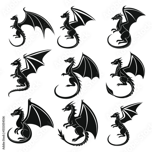 Nine Black Dragons Silhouettes Winged Poses wings