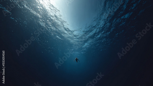 A person falling alone into the deep ocean, surrounded by endless dark blue water