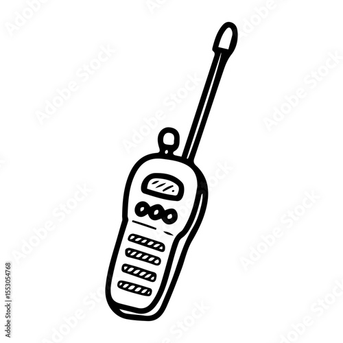 Police radio walkie talkie. Hand drawn doodle vector. Equipment for officer negotiations. Device for transmitting voice sound over a distance. Illustration line art element.