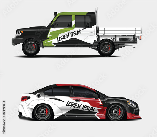 Two Customized Vehicles A Truck and a Sedan with Bold Graphics
