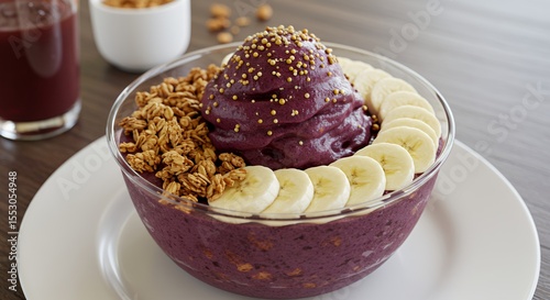 Indulge in this vibrant acai bowl, topped with granola, banana slices, and a sprinkle of golden goodness.