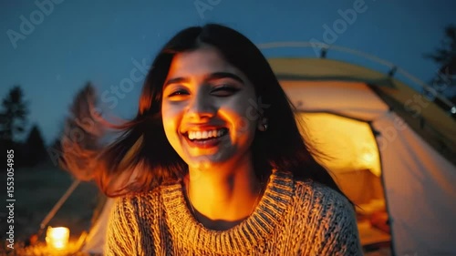 A young South Asian woman with long dark hair smiles outside a tent at night. The scene captures a camping atmosphere with trees in the background and a warm glow from the tent.