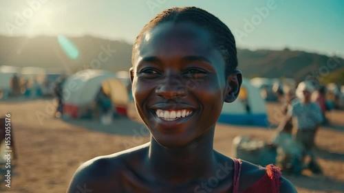 Smiling young African woman at a campground during summer. Tents and people in the background. Bright sunlight and scenic nature surroundings.