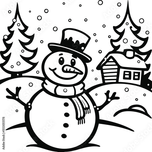 A charming, simple black and white illustration of a snowman surrounded by winter trees and scattered snowflakes.