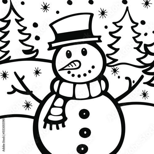 A black and white illustration of a friendly snowman with a hat, scarf, and buttons.