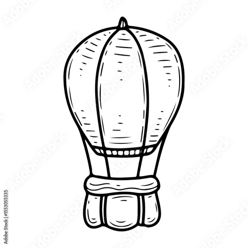 Hot air balloon flying machine. Hand drawn doodle vector. Basket for the flight of the pilot and passengers. Illustration line art element.