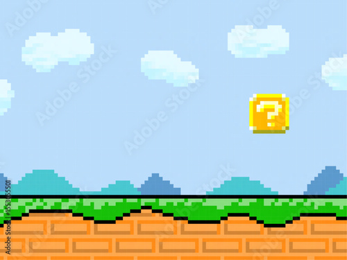 ロールプレイングゲームのピクセルアートの背景。道とハテナが描いてあるブロック。