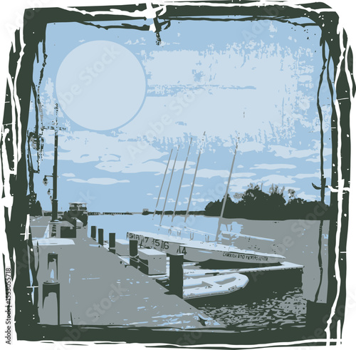  Photo of sailboats docked at a pier under a calm blue sky