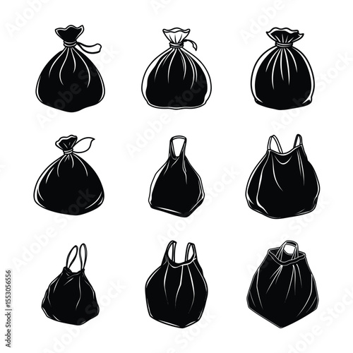 Collection of nine black and white illustrations of various bags trash bags shopping bags and sack.  Suitable for use in packaging design, delivery service branding, logistics and shipping icons, farm