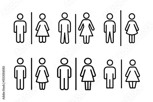 The simple black and white male and female restroom icon set is ideal for use in signage design, wayfinding systems, public facilities, hospitality branding, and educational materials