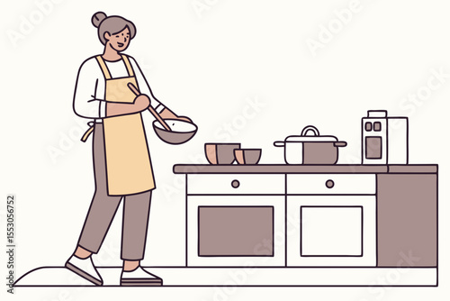 Casual happy model mixing dough standing in kitchen