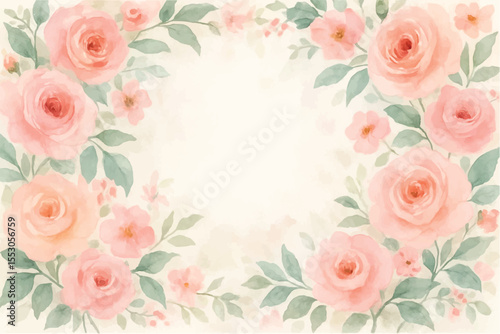 Vintage floral background with romantic pink roses, elegant frame, and decorative hearts for a wedding or Valentine's Day card design