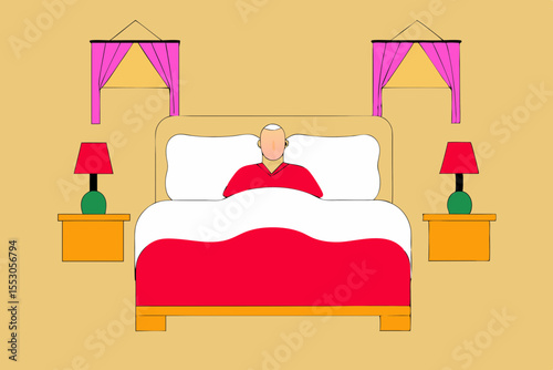 Front view of active senior Caucasian man sleeping in bed in bedroom at home