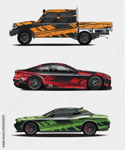 Three Cars with Striking Graphics Truck Sports Car and Muscle Car Designs