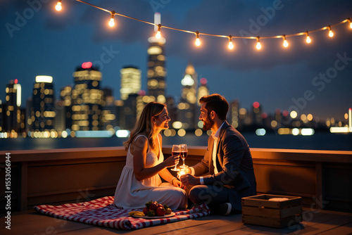 Couple having a romantic picnic at night with city skyline background  