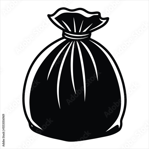 Silhouette illustration of a a tied sack bag suitable for use in packaging design, delivery service branding, logistics and shipping icons, farming and grain-related graphics, treasure or money bag