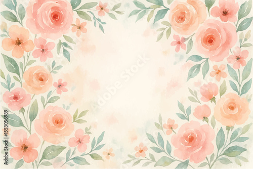 Vintage floral background with romantic pink roses, elegant frame, and decorative hearts for a wedding or Valentine's Day card design