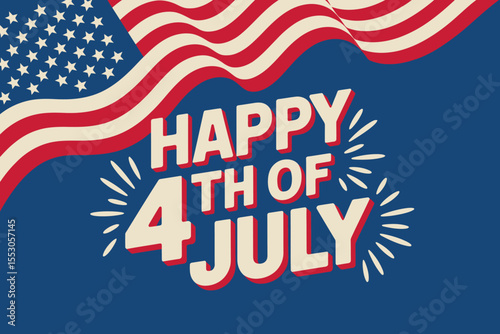 Classic USA flag ripple design with red white blue colors and white happy 4th of July heading on left  