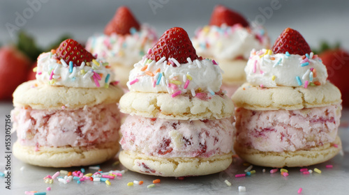Delicious strawberry ice cream sandwiched between soft sugar cookies, topped with whipped cream and colorful sprinkles, creating delightful treat. Ice Cream Sandwich Day