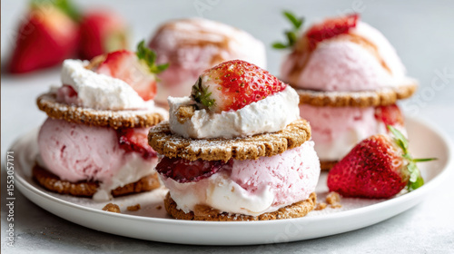 Delicious strawberry ice cream sandwiched between soft sugar cookies, topped with whipped cream and fresh strawberries, creating delightful treat. Ice Cream Sandwich Day