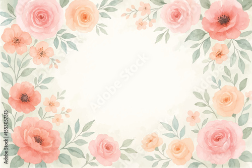 Vintage floral background with romantic pink roses, elegant frame, and decorative hearts for a wedding or Valentine's Day card design