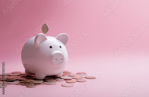 Piggy bank and golden coin on pink background with saving money concept. Financial planning for the future. 3D rendering.