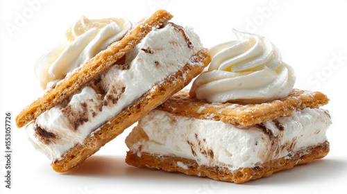 Creamy dessert with two mini bites stacked, featuring swirls of cream between layers of crispy wafers, evoking delightful treat. Ice Cream Sandwich Day