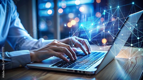 A person types on a laptop with a digital network graphic displayed