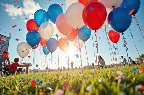 Festive outdoor celebration with red, white, and blue balloons at summer event