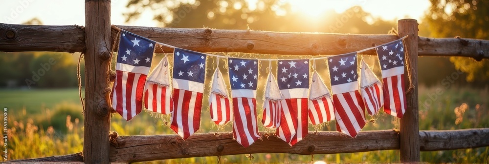 Obraz premium Rustic fence with american flags at sunset in countryside setting