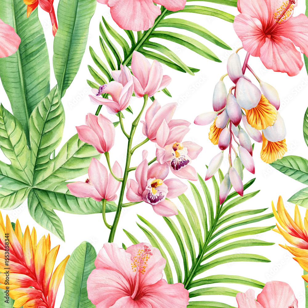 Obraz premium Tropical floral seamless pattern with pink hibiscus orchids palm leaves and ginger flowers Vintage exotic background for design