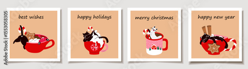 Holiday Greeting Cards with Cozy Cats, Hot Chocolate, and Candy Cane Vibes