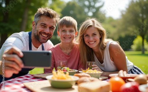 Family And Friends Take Cheerful Selfie While Having Picnic Barbecue In Sunny Garden During The Summer, Capturing Joyful Moments Together. High quality