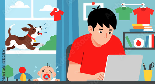 A man struggles to concentrate on his laptop while dealing with the distractions of a barking dog and a crying baby while working from home. Vector Illustration