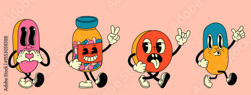 Set of Psychedelic Retro Pill Cartoon Characters