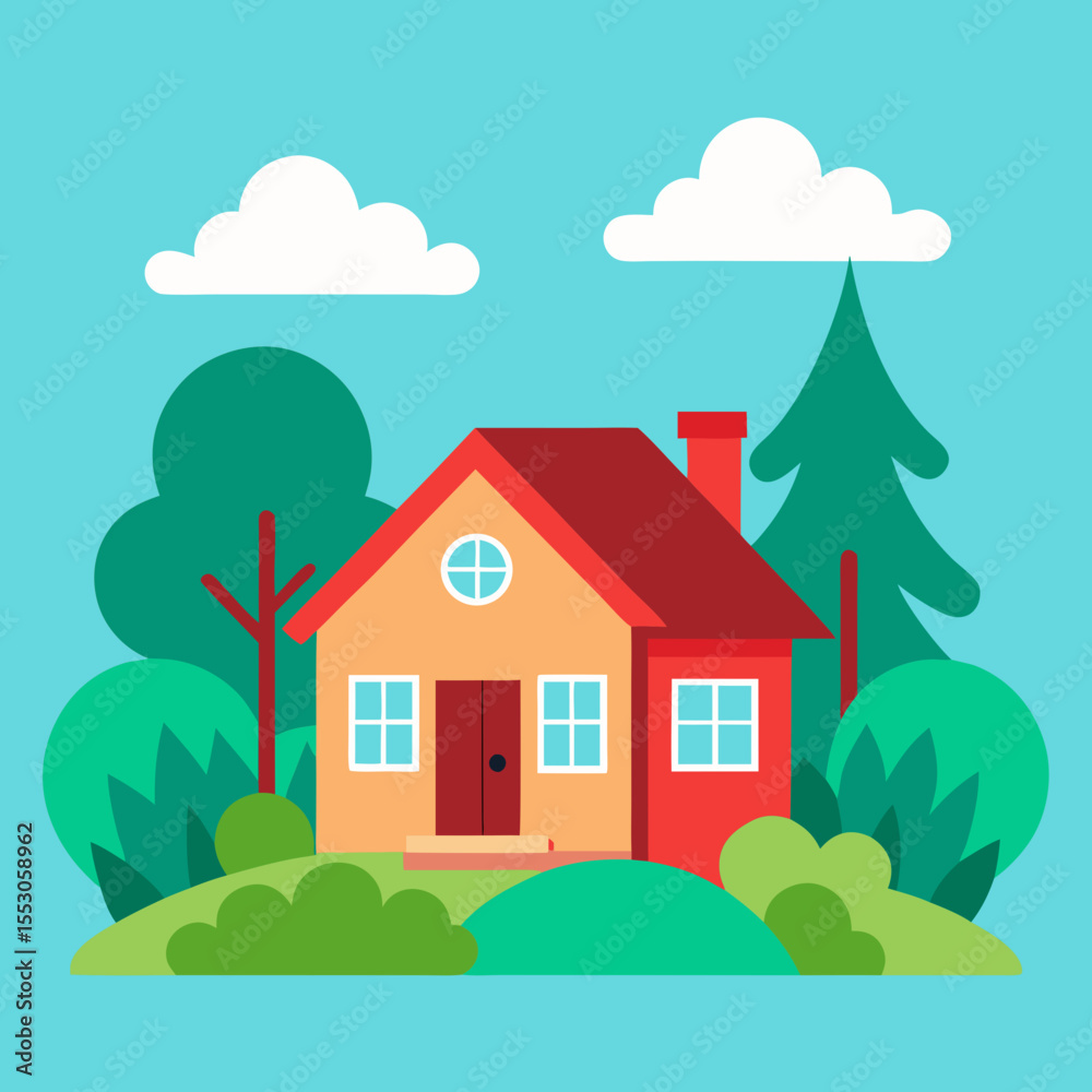 Fototapeta premium Cozy summer countryside house with a red roof surrounded by a garden and trees Cartoon vector illustration
