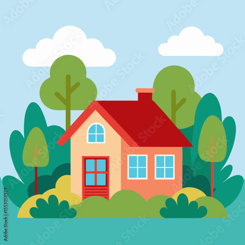 Cozy summer countryside house with a red roof surrounded by a garden and trees Cartoon vector illustration