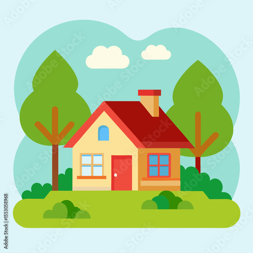 Cozy summer countryside house with a red roof surrounded by a garden and trees Cartoon vector illustration