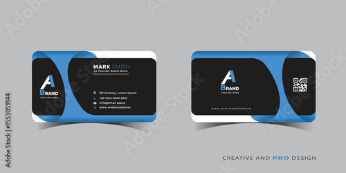Modern business card design with blue and black color scheme