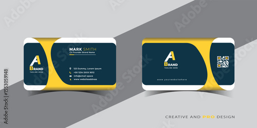 Modern dark blue and yellow business card with qr code
