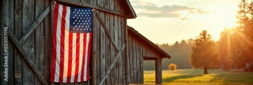 Rustic barn with american flag at sunset in countryside landscape