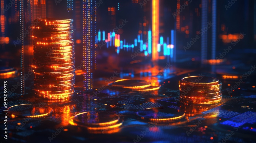 Obraz premium Stacked gold coins glowing on digital background