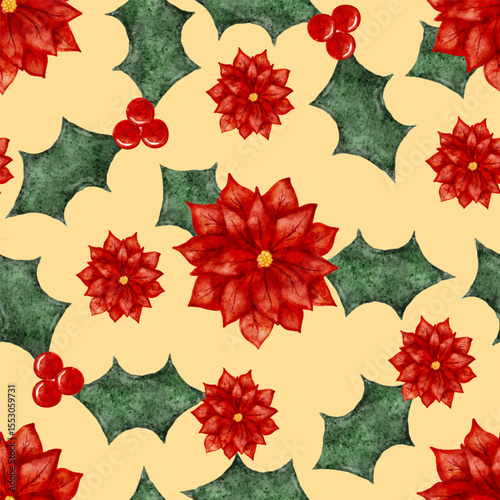 Seamless pattern of poinsettias, holly leaves, and red berries for winter holiday new year and Christmas.